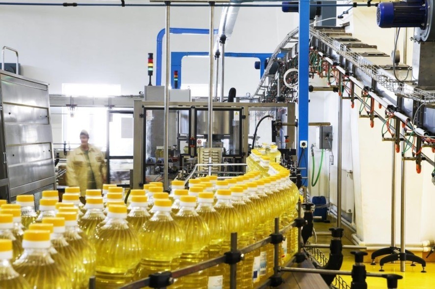 Bottle of olive oil in a factory